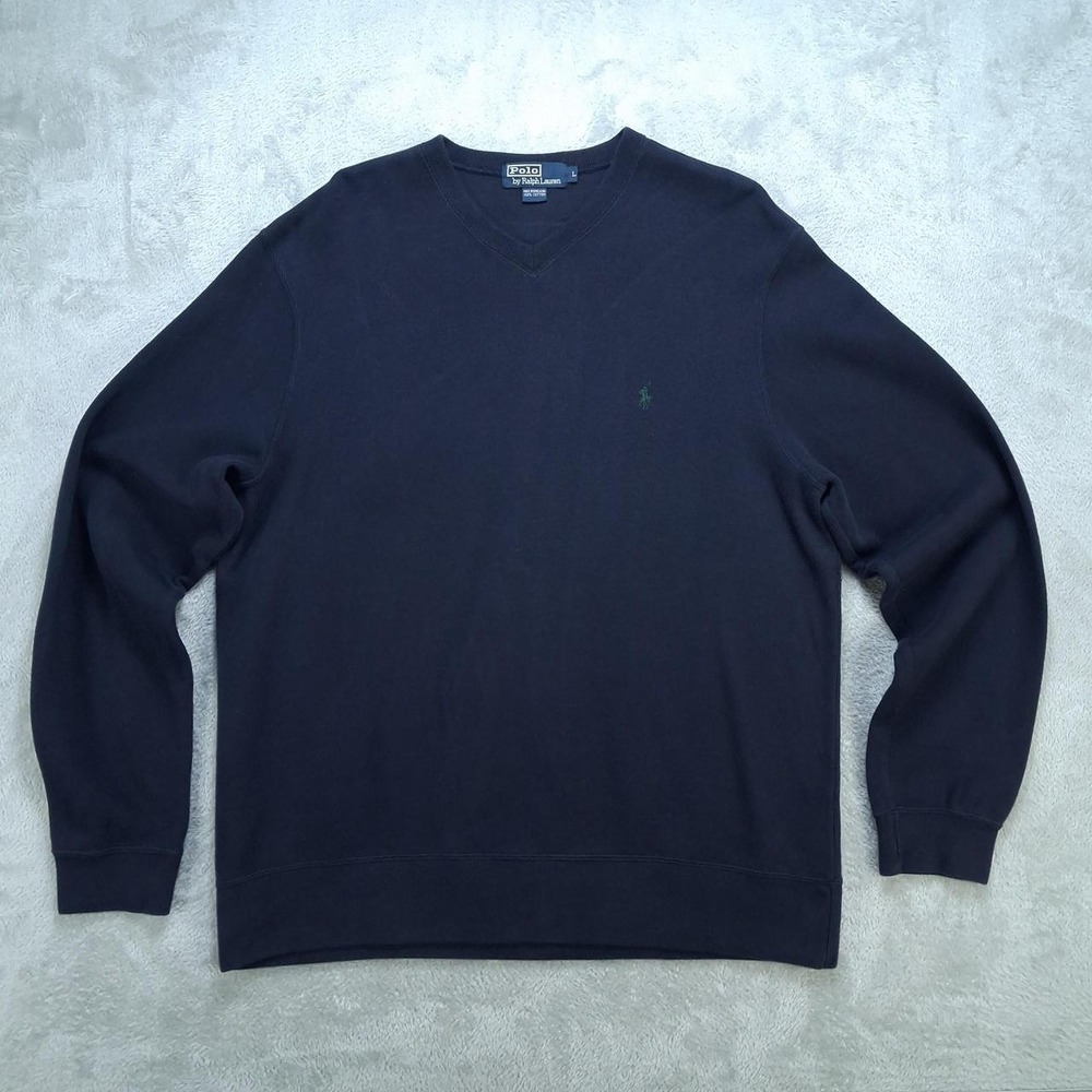 Polo Ralph Lauren Mens Large Navy Blue V-Neck Sweatshirt Cotton Pony Logo